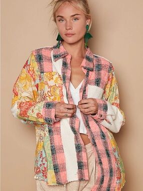 POL Pink Plaid Mixed-Print Button-Up Sz L